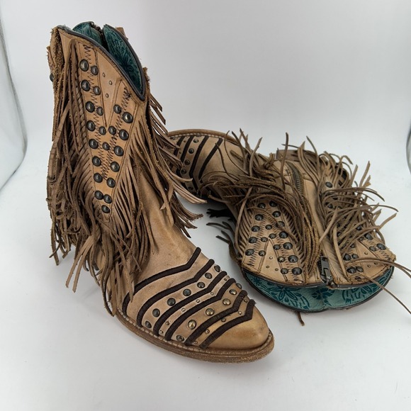Corral Boots Womens Size 10 Tan Fringe Studded Western Cowgirl Zip Boho Ankle - Picture 10 of 16